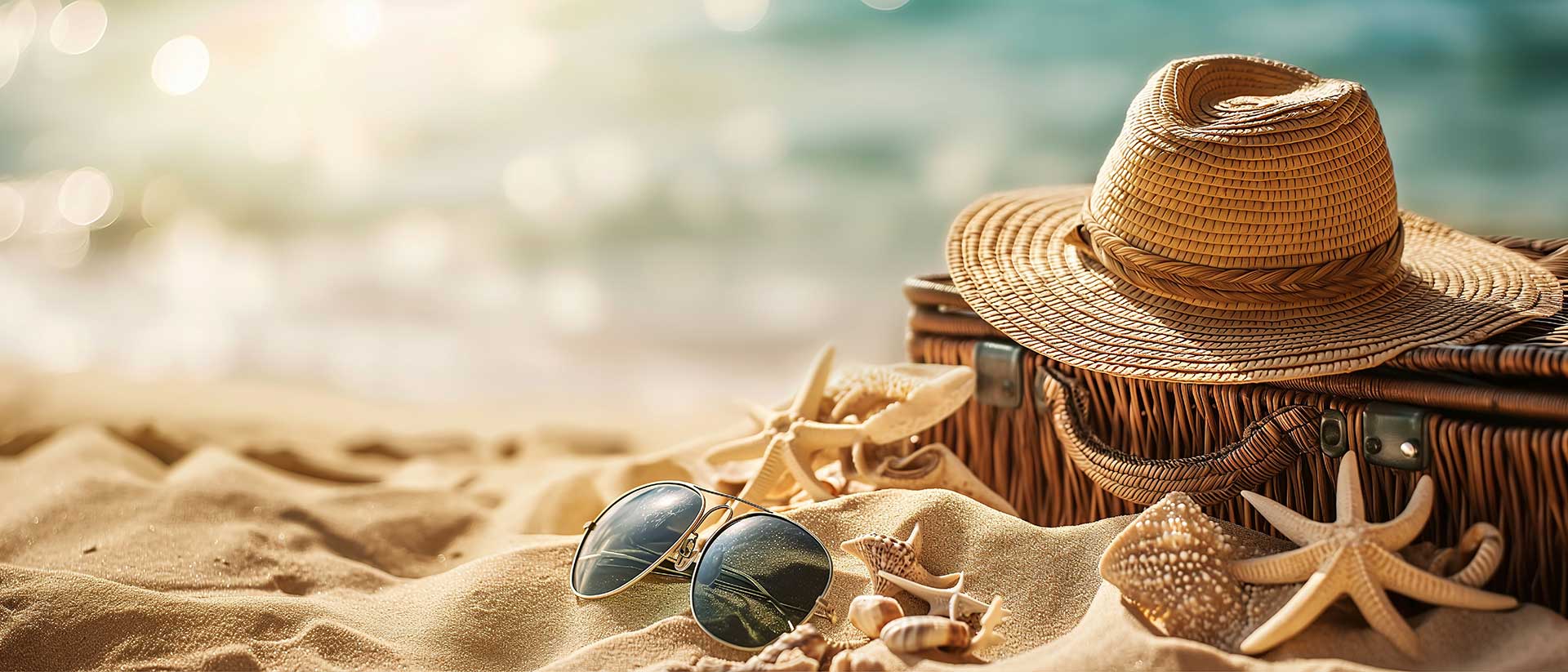 Valise et accessoires pour des vacances sur le sable